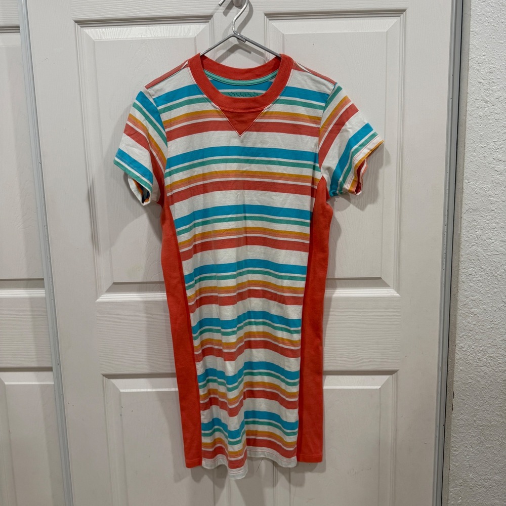 Mokuyobi Striped T-Shirt Dress Orange Teal Rainbow Cotton Mini Dress Medium